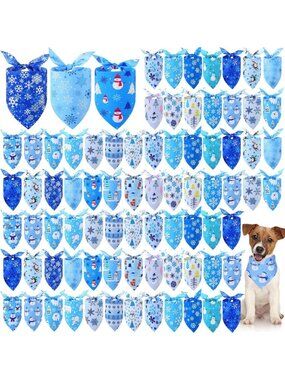 100 Pcs Winter Dog Bandanas - Blue Snowflake, Snowman & Penguin Designs